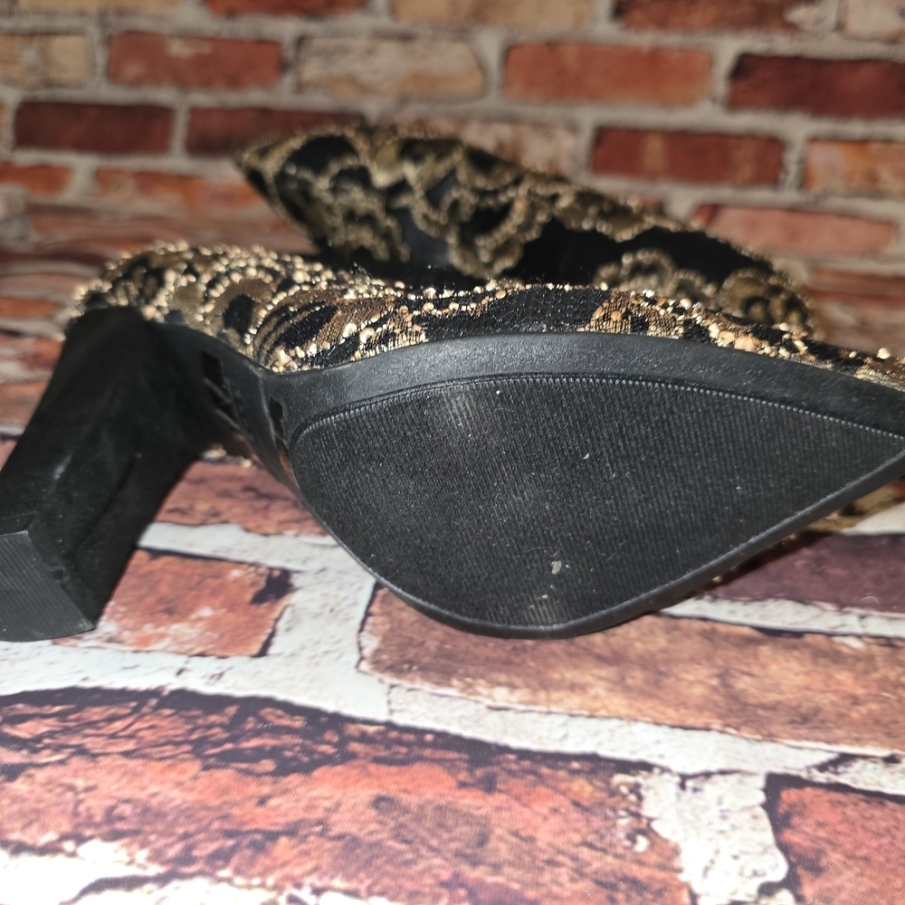 BAMBOO Black and Gold Floral Heeled Boots - Picture 2 of 8